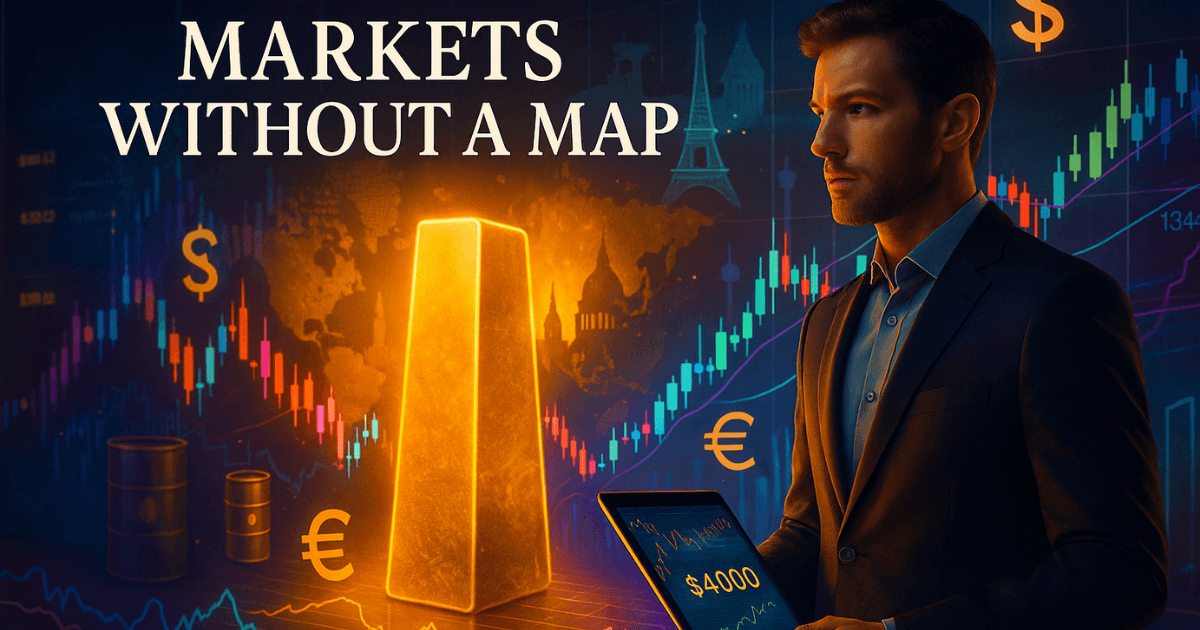 Financial analyst stands before glowing charts and gold bars, symbolizing $4,000 gold breakout, oil prices, and global political tension in 2025.
