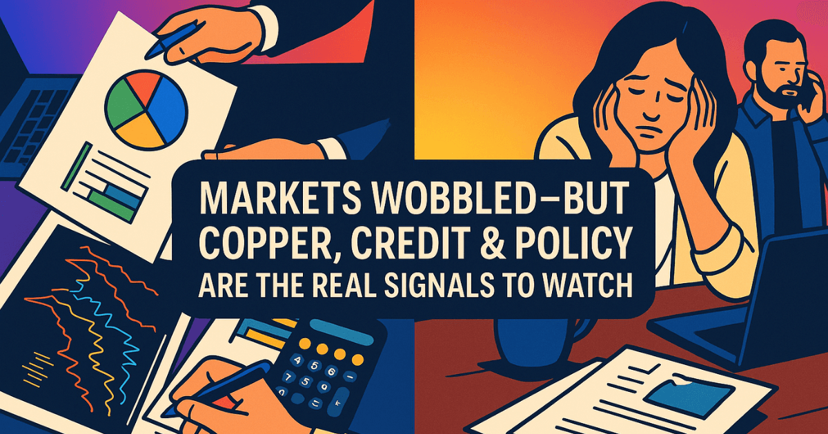 llustration showing financial analysts reviewing charts alongside a stressed household couple, reflecting market volatility, copper price spikes, and credit stress.