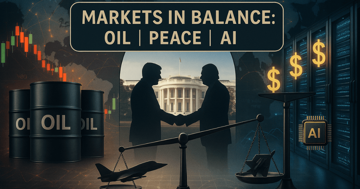 Premium editorial illustration showing oil barrels with candlestick chart, Zelenskyy–Trump handshake at the White House, AI data servers, and balance scales representing oil price volatility, Ukraine peace deal impact, and AI bubble risks in global markets.