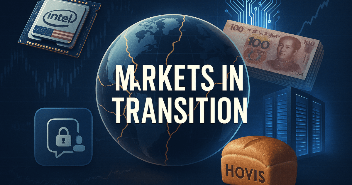 Premium editorial illustration of global markets in transition showing cracked globe, Intel chip with U.S. flag, yuan notes with AI circuits, chatbot safety icon, UK data centre, and Hovis bread symbol.