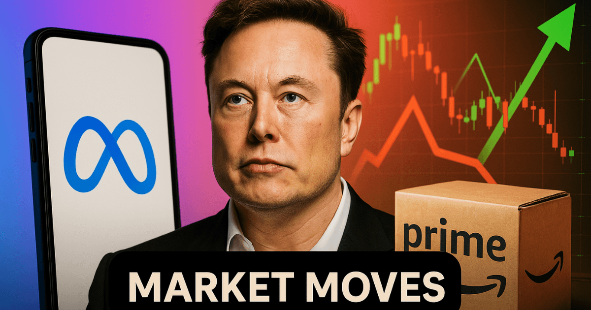 High-resolution image featuring Elon Musk, Meta’s logo, an Amazon Prime box, and financial market charts with a rising arrow, representing major shifts in tech, politics, and e-commerce.