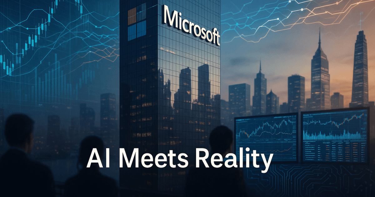 Microsoft and OpenAI deal concept — futuristic AI and finance skyline with investors, digital charts, and trade visuals symbolizing AI investing, market valuations, and U.S.–China trade shift.