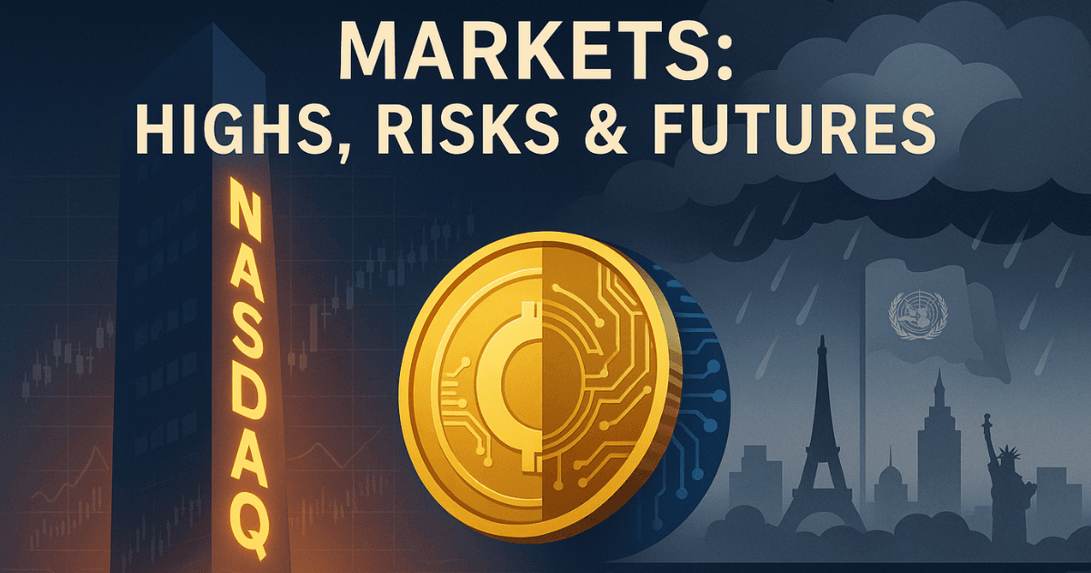 Premium editorial illustration of Nasdaq record high with digital coin tokenization and UNGA unrest, symbolizing global market risks and investor outlook 2025.