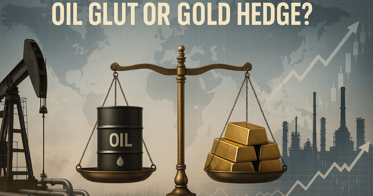 Oil glut versus gold hedge concept showing an oil pumpjack, pipelines, and a balance scale with oil barrel and gold bars, alongside U.S. refinery and rising charts—symbolising OPEC output forecast, IEA oil supply report, U.S. crude record production, and gold safe-haven strategy.