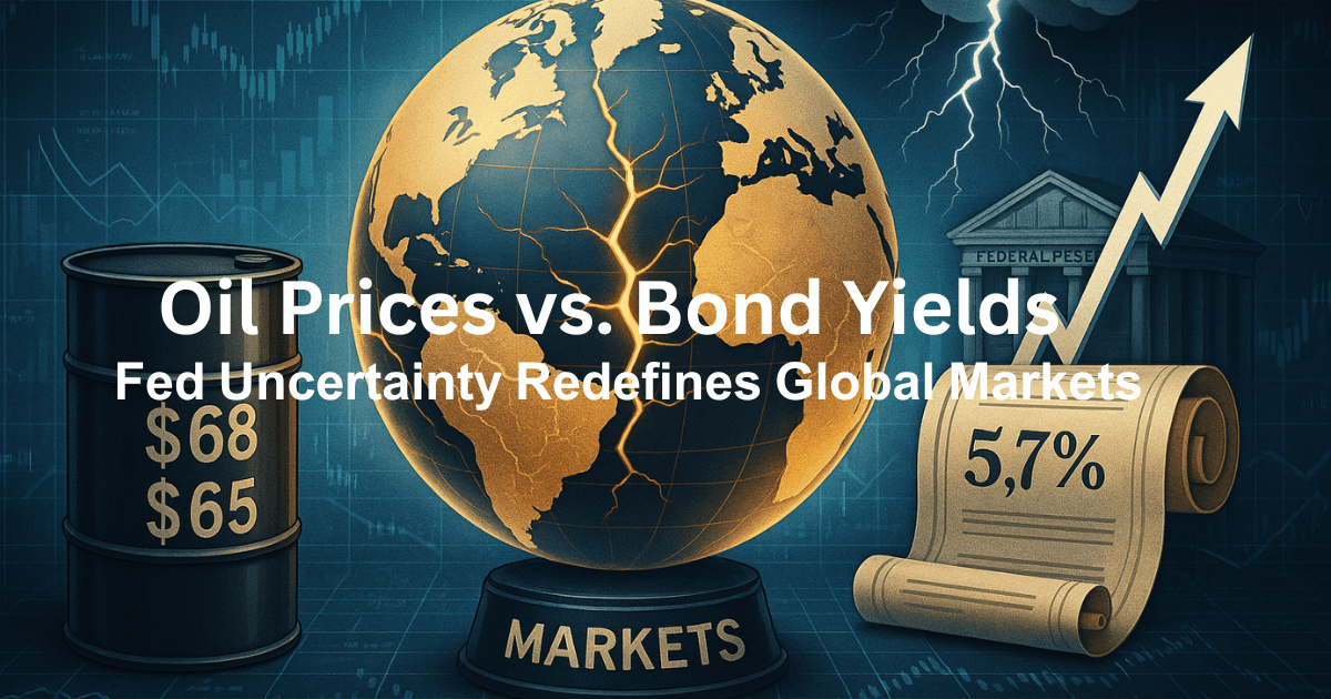 Editorial illustration of oil prices, U.S. Treasury yields, and Federal Reserve uncertainty driving global markets.
