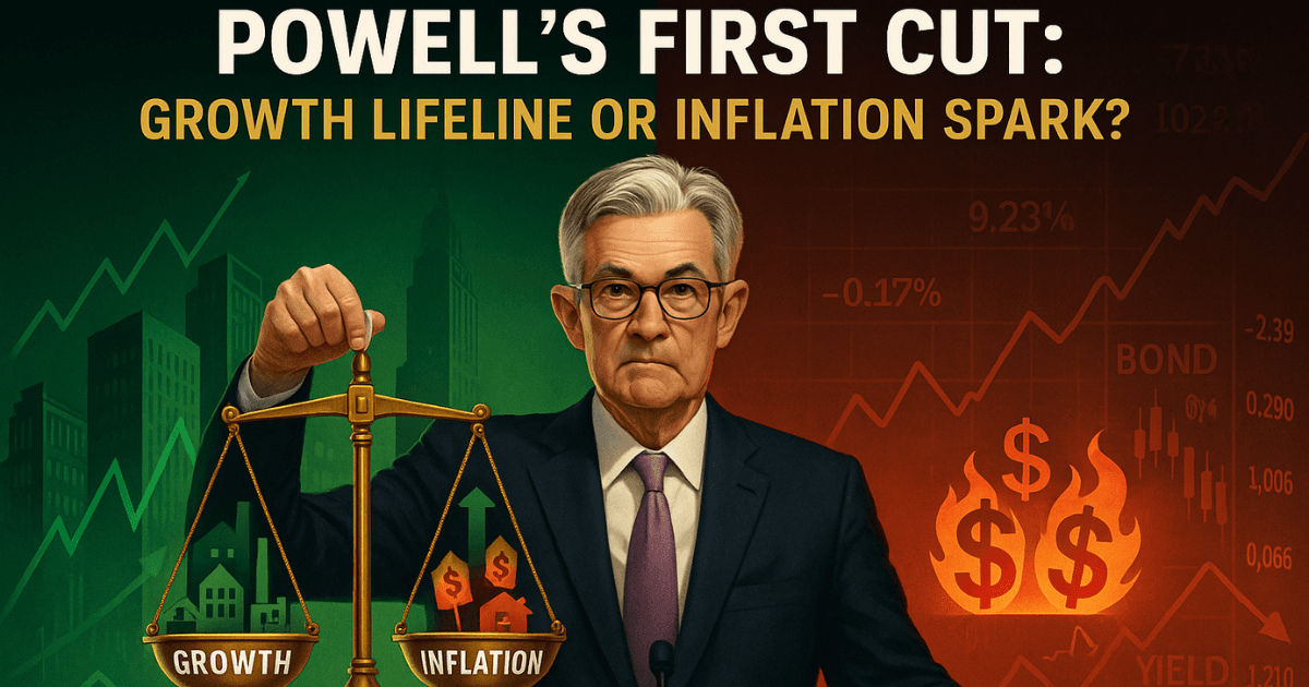 Jerome Powell balancing growth and inflation after the Fed’s first 2025 rate cut, illustrated with stocks, bonds, and Treasury yields.