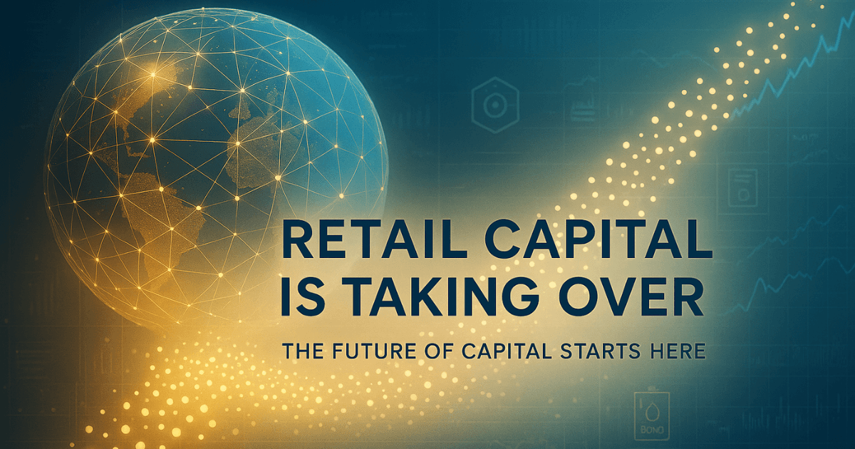 Hyper-realistic cinematic image showing retail capital rising through glowing nodes, tokenised securities, and global market networks in gold and blue metallic tones.