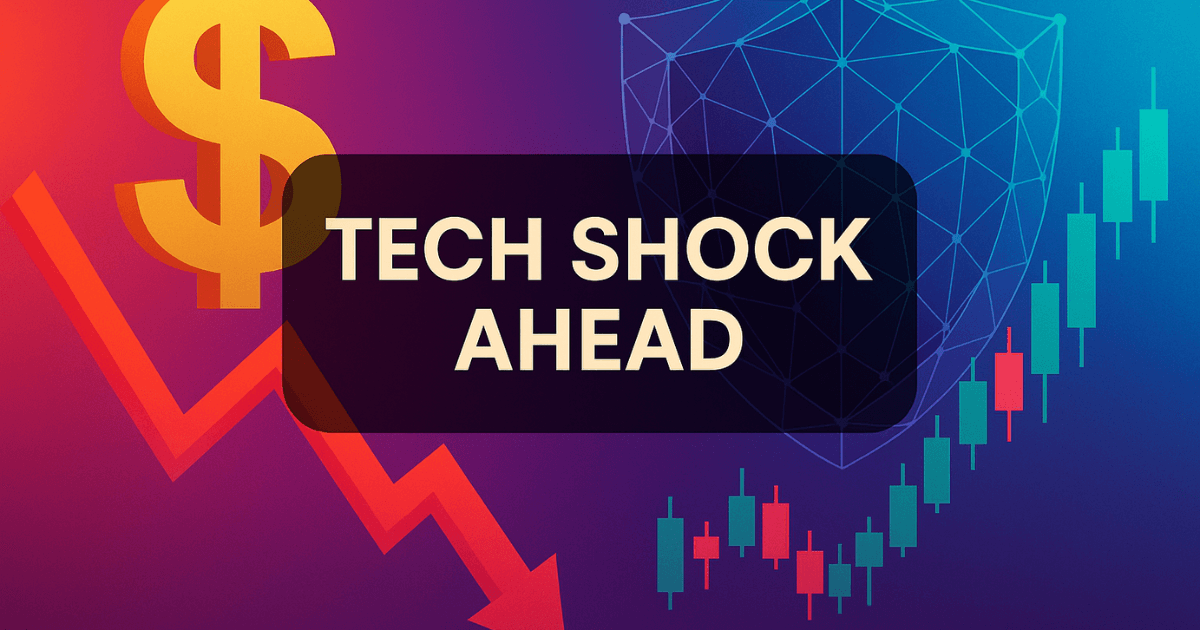Visual illustration of financial market volatility with AI and quantum computing themes, featuring candlestick charts, falling red trend line, and a digital shield overlay