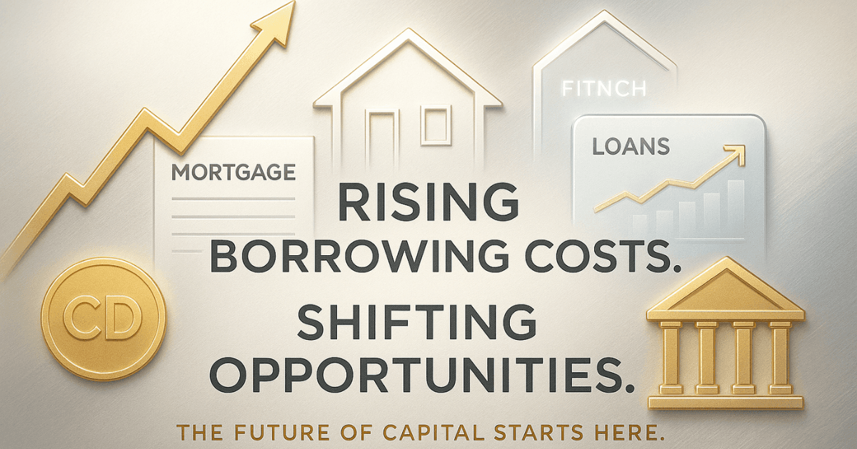 Editorial image depicting rising interest rates, mortgage trends, fintech lending tools, CD yields, and shifting banking pressures in a premium financial landscape.