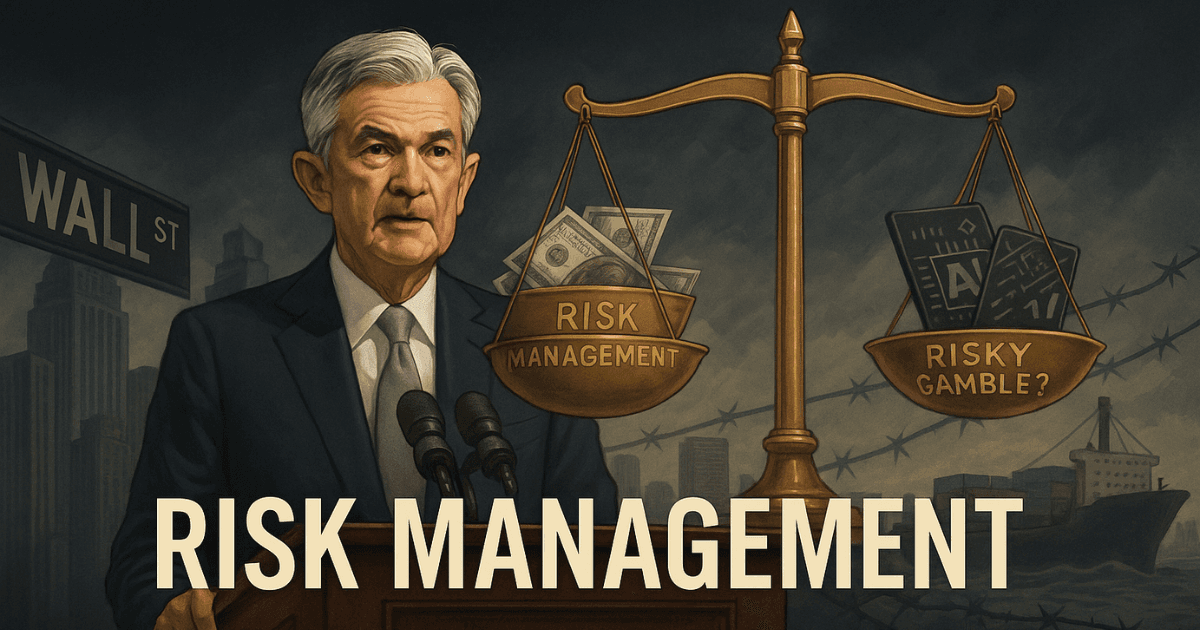 Jerome Powell and Wall Street illustration showing Fed rate cut as risk management or risky gamble, with golden scale, stock tickers, AI chips, and tariff imagery.