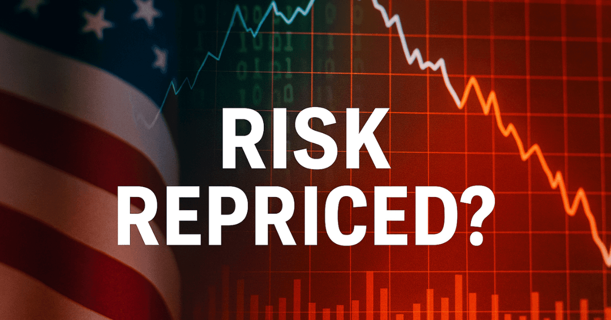 Global risk repricing illustrated with falling stock chart, U.S. flag, and binary code background
