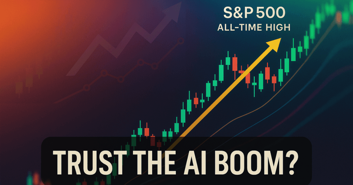 Stock chart with S&P 500 all-time high and bold AI boom question overlayed, highlighting investor sentiment and market growth tied to AI stocks.