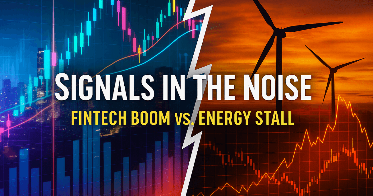 A split-scene image showing the contrast between fintech innovation and energy market slowdown — digital trading charts and skyscrapers on one side, and wind turbines against a sunset on the other, symbolising mixed market signals.