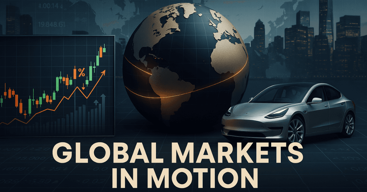 High-resolution financial market image showing global economy trends with stock chart, 3D globe, and electric vehicle, representing stagflation fears, global resilience, and EV market shifts.