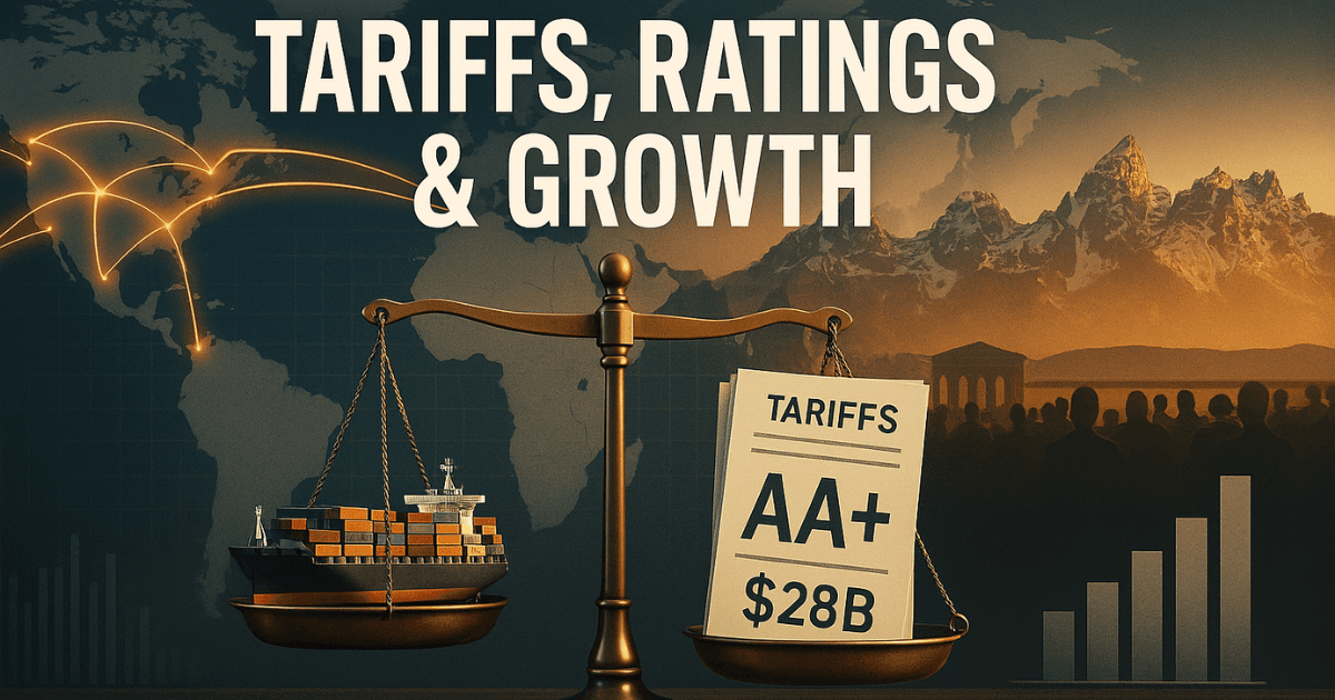 Editorial finance image showing global trade routes, tariffs, US credit rating AA+, and Jackson Hole Symposium visuals symbolizing global growth outlook and monetary policy signals.
