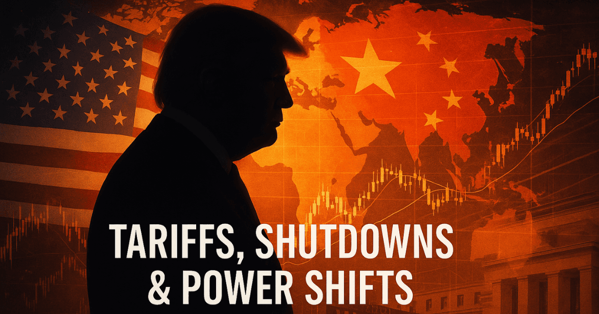 Donald Trump silhouette over global stock market chart and U.S.–China trade visuals symbolising tariffs, shutdown, and global market shifts – premium finance editorial style image.