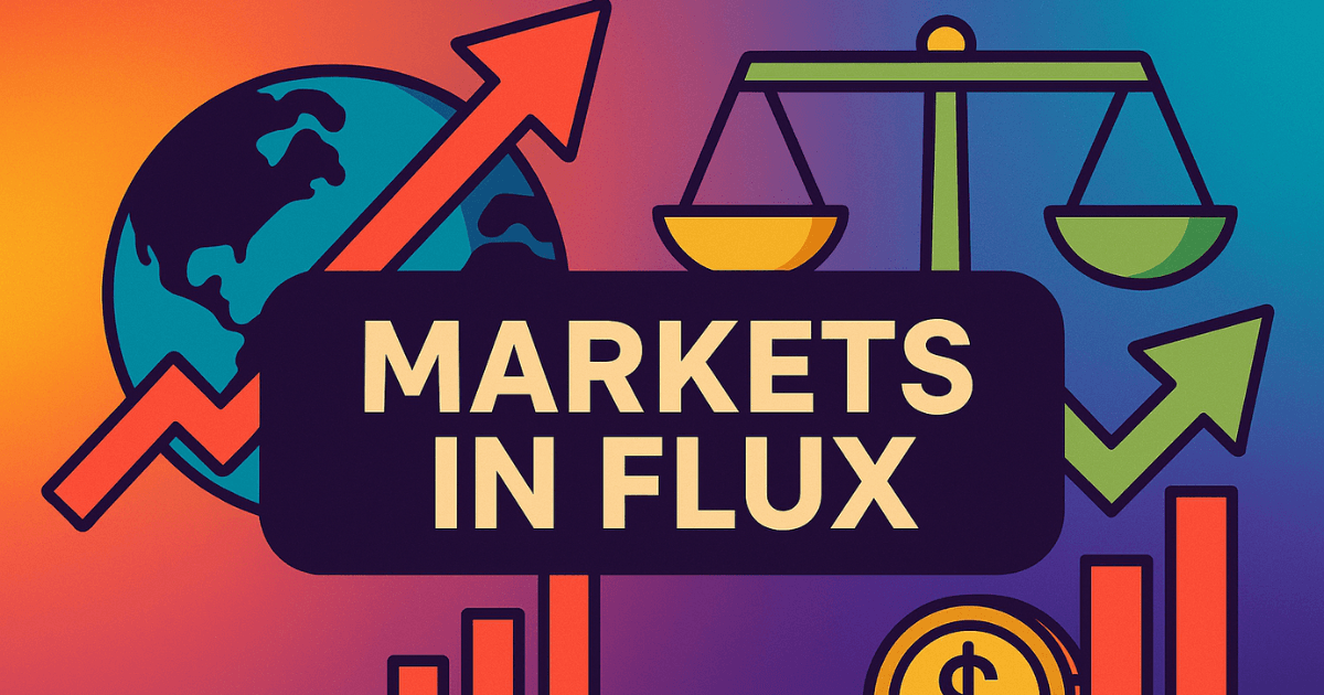 Colorful financial illustration showing global market volatility with arrows, bar charts, scales, and currency icons on a gradient background, representing tariffs, valuations, and deregulation.