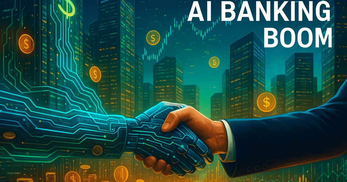 A futuristic Wall Street skyline illuminated with digital circuits and neon dollar symbols, featuring a robotic and human handshake symbolizing the fusion of AI and global banking transformation.