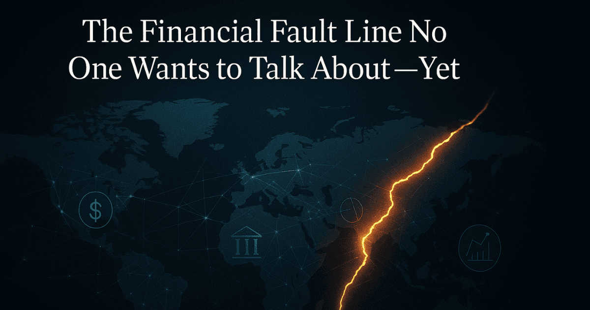 Premium editorial graphic showing a global financial fault line with digital asset and central bank overlays, symbolising systemic risk in modern markets.