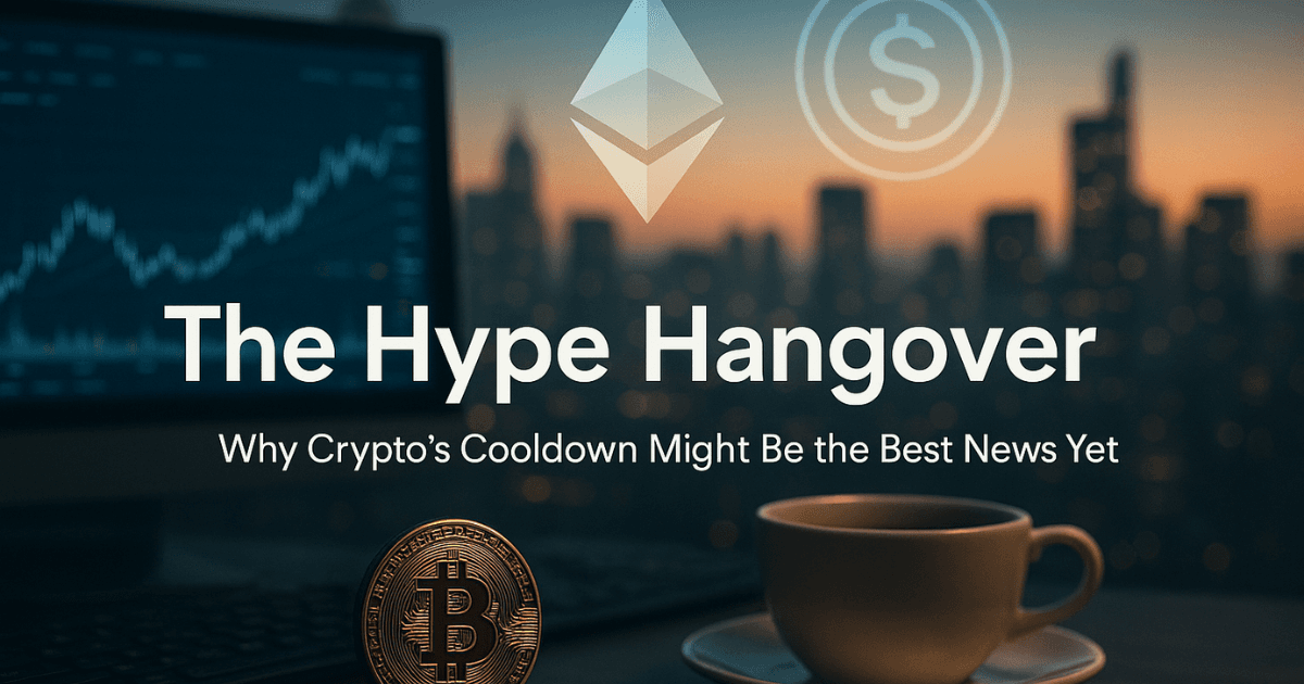 Bitcoin and Ethereum market cooldown illustration showing digital assets, trading desk, and coffee cup symbolising the crypto market correction and regulatory reset.