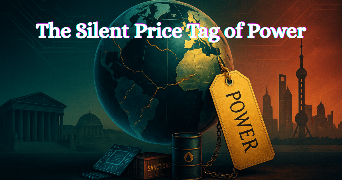 Editorial illustration of a cracked crystal globe with a golden price tag labeled “Power,” symbolising the hidden costs of sanctions, tariffs, supply chains, and geopolitics driving global markets.