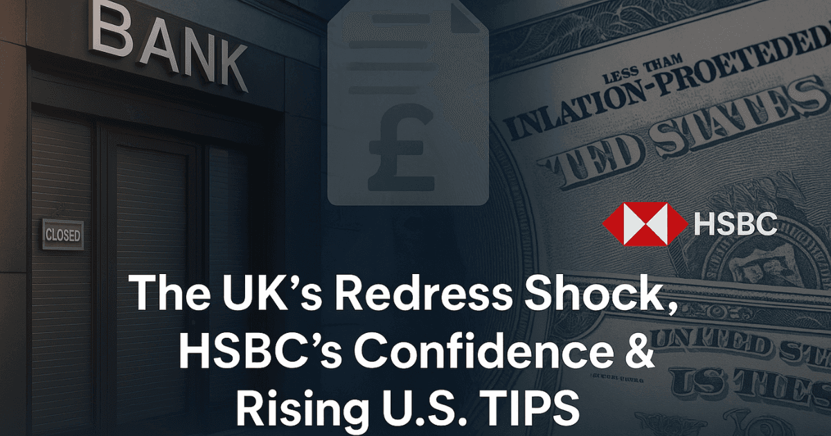 Split-screen image showing closed UK bank branch, pound document icon, and U.S. Treasury bond with HSBC logo – visualizing redress ruling, bank closures, and rising TIPS investments.