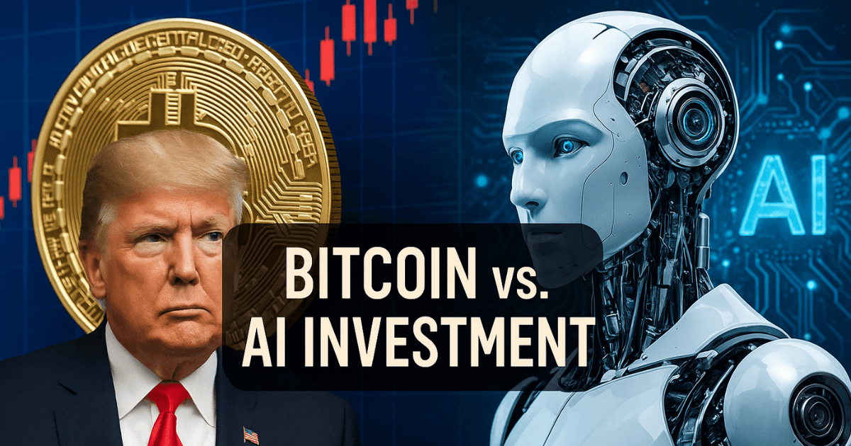 A high-resolution digital image showing Donald Trump in front of a Bitcoin symbol, facing a humanoid AI robot against a tech-themed background, representing the global capital race between U.S. crypto strategies and European AI investments.