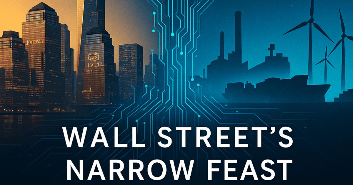 Wall Street skyline merging with digital AI network and emerging industries, representing market shift beyond Big Tech.