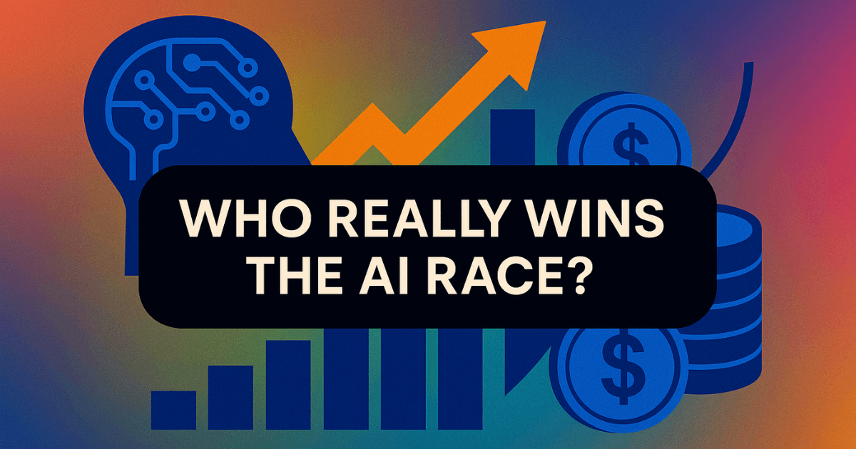 Illustration showing AI investment growth with financial symbols, rising bar chart, circuit-brain graphic, and the bold text ‘Who Really Wins the AI Race?’ on a gradient background