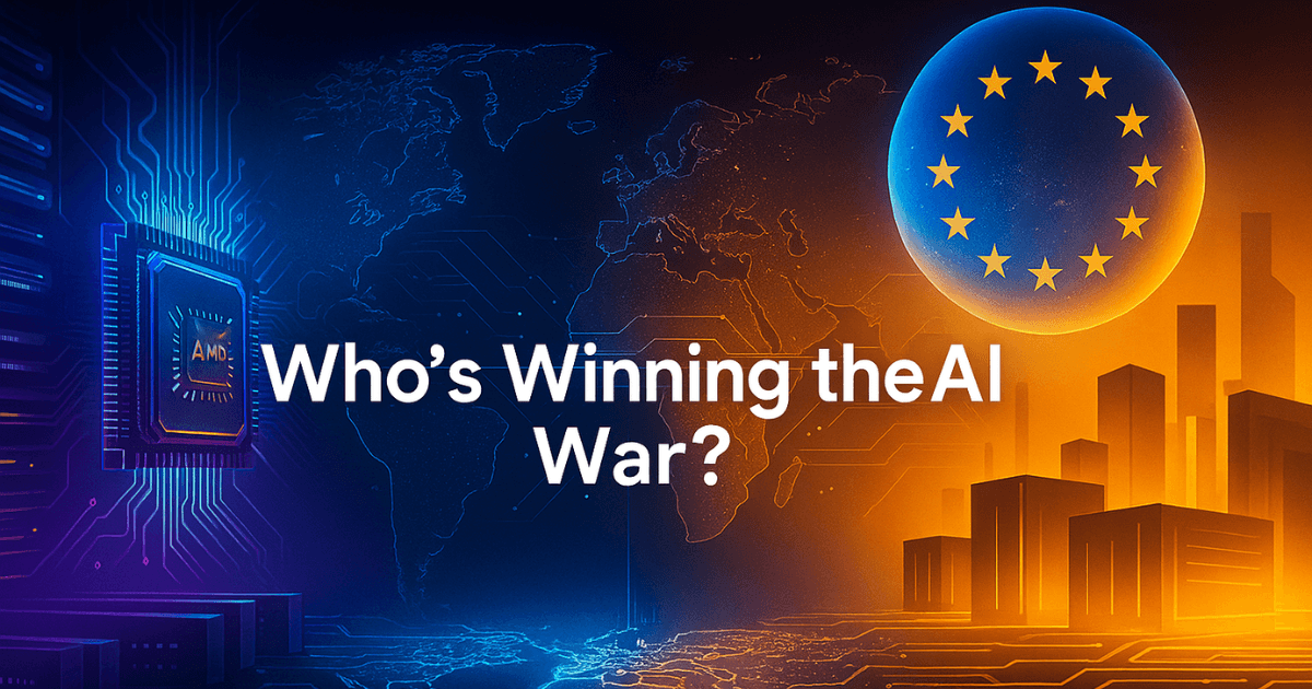 Premium digital artwork depicting OpenAI’s AMD chip dominance versus Europe’s billion-euro AI strategy, connected by a global circuit map and illuminated with blue-gold gradient lighting.