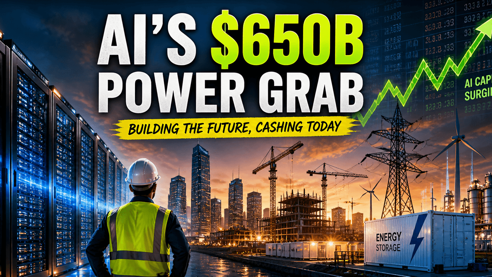 Hyper-realistic AI infrastructure boom showing data centers, energy grid, and construction driven by $650B AI spending and rising global demand