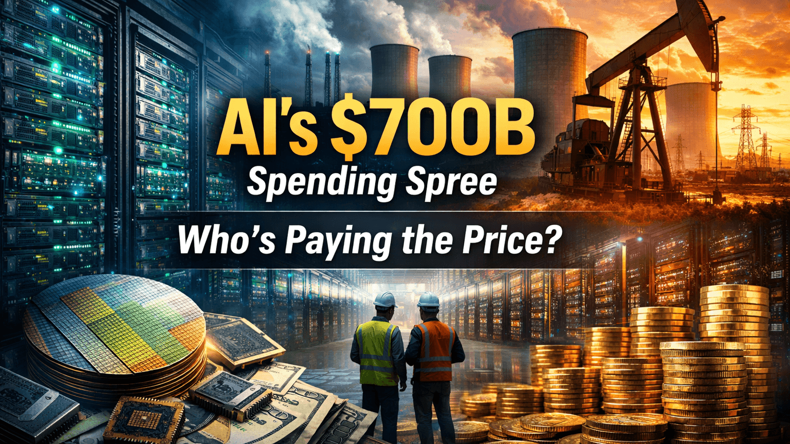 AI infrastructure boom showing data centers, semiconductor chips, and energy plants representing rising costs and investment trends in AI spending