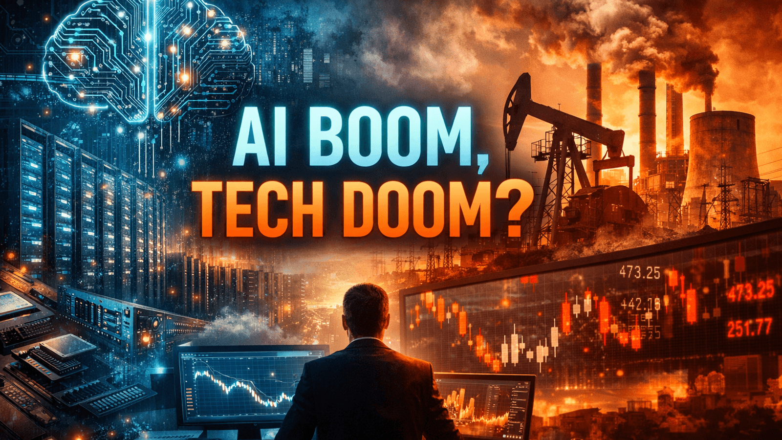 Hyper-realistic depiction of AI boom with data centers and digital brain contrasted against falling tech stocks, rising energy costs, and industrial power infrastructure