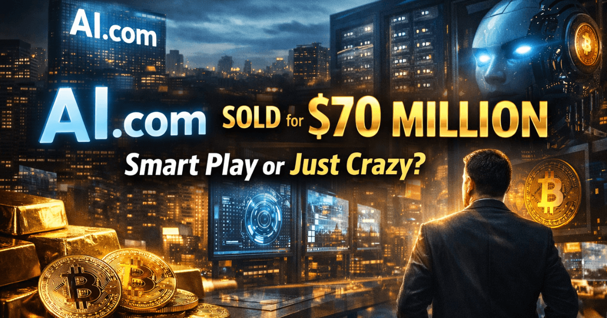 Hyper-realistic illustration showing AI.com sold for $70 million, with digital city skyline, AI visuals, gold bars, and Bitcoin symbols highlighting AI, crypto, and investment themes