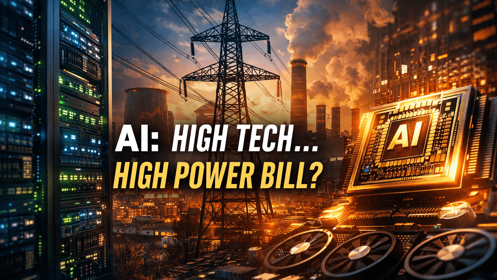 AI data centers and semiconductor infrastructure consuming massive electricity as power grid towers and industrial energy plants highlight the rising energy demand of artificial intelligence infrastructure.