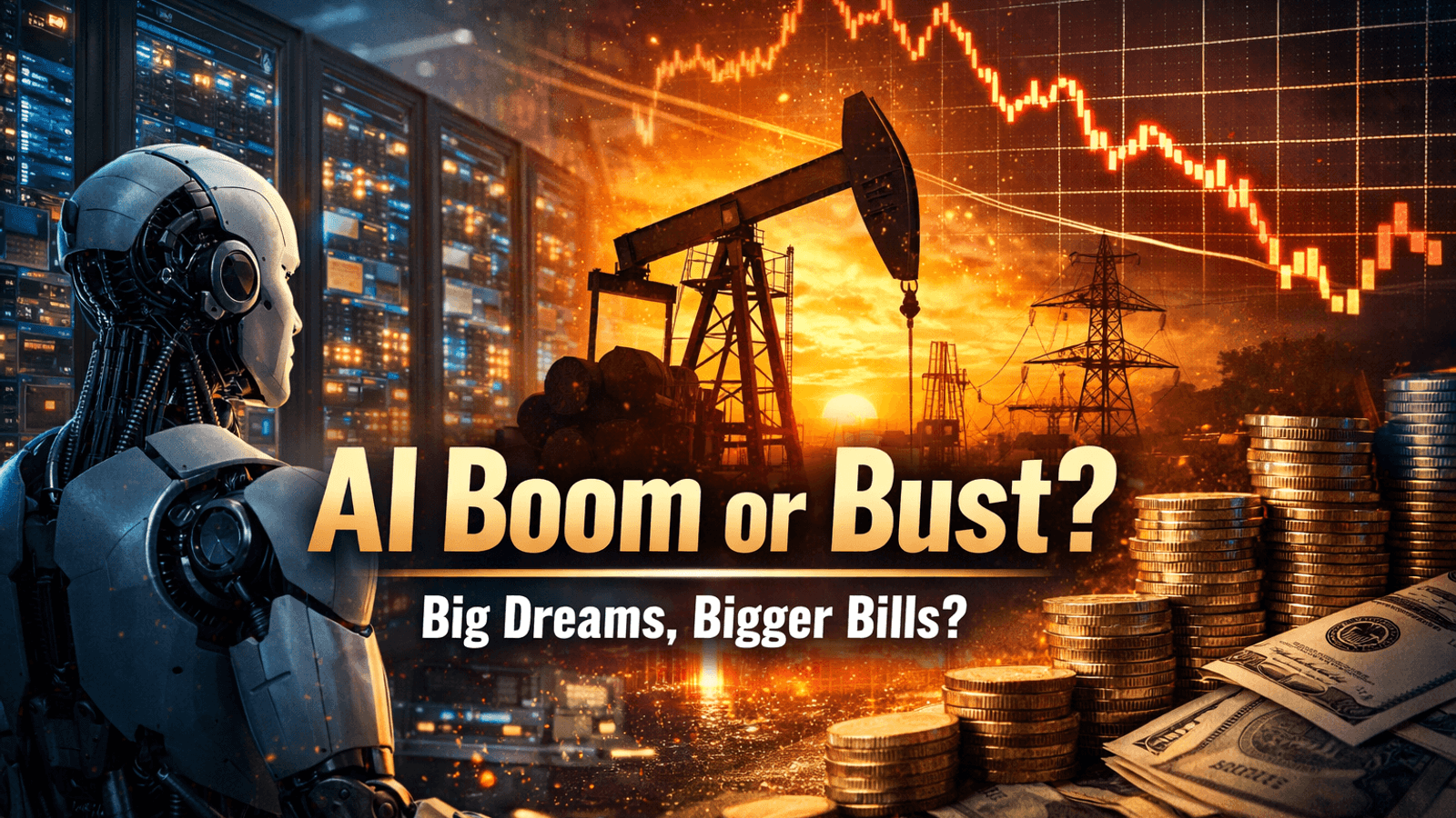 AI investing 2026 concept showing robot analyzing stock market decline with data centers, oil pump and rising energy costs impacting tech stocks and AI infrastructure profitability