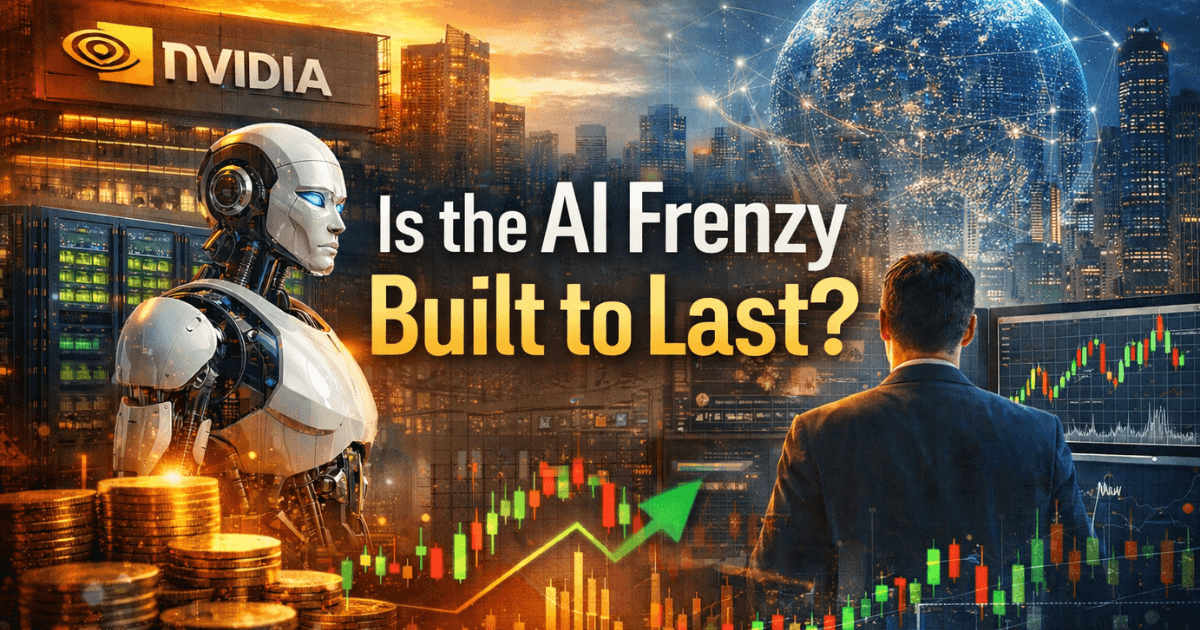 Hyper-realistic AI investing concept featuring Nvidia earnings growth, stock market charts, and global productivity outlook as investors assess whether the AI boom is sustainable.
