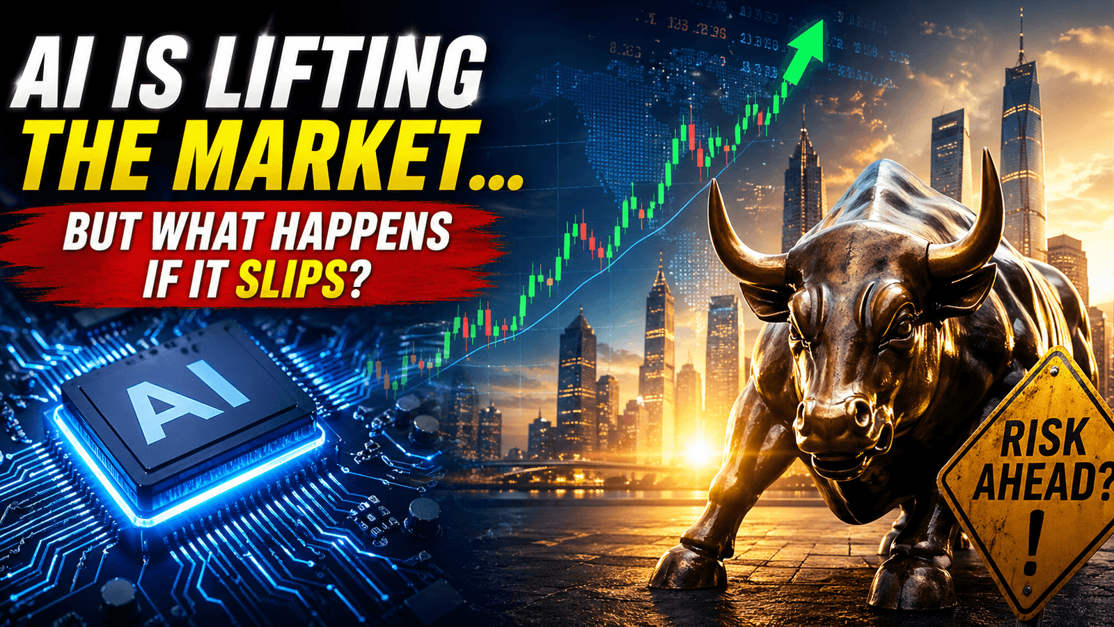 AI chip powering global stock market rally with bullish trend chart, financial city skyline, and warning sign highlighting risks in AI-driven markets