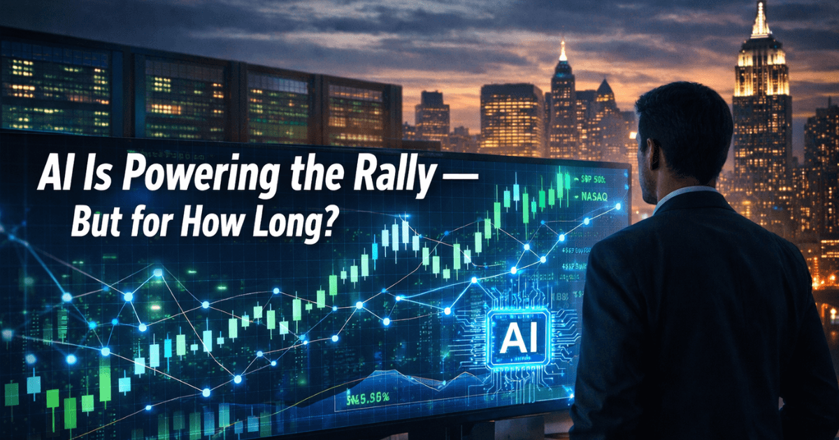 AI-powered stock market rally as an investor analyses S&P 500 and Nasdaq charts with artificial intelligence driving tech stock momentum