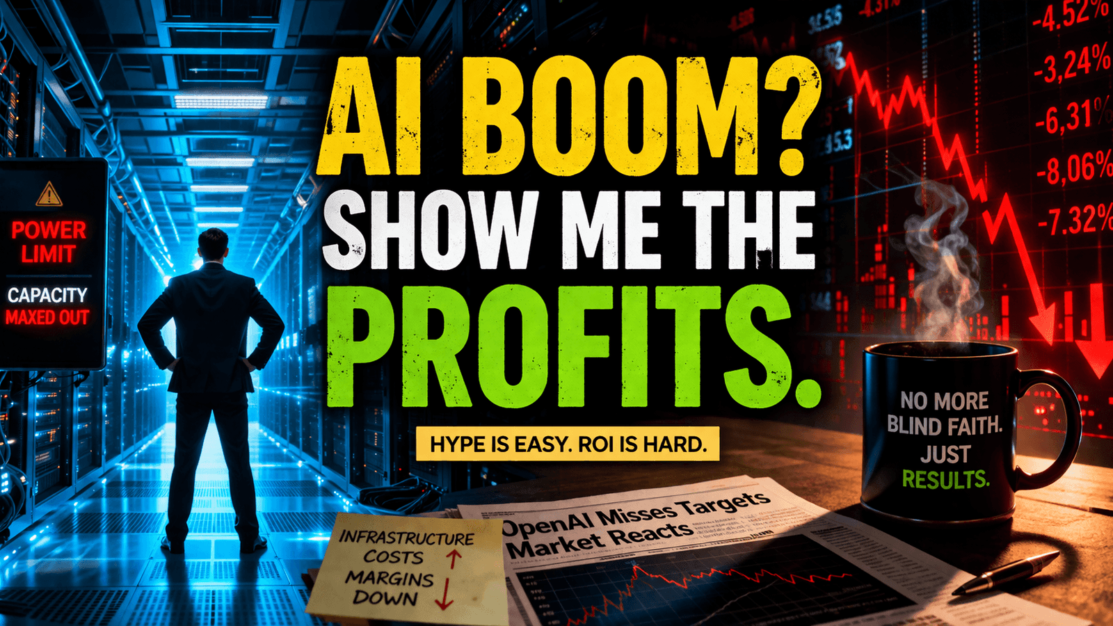 Hyper-realistic AI data center with power constraints and falling stock charts illustrating AI profitability challenges and infrastructure bottlenecks in the stock market