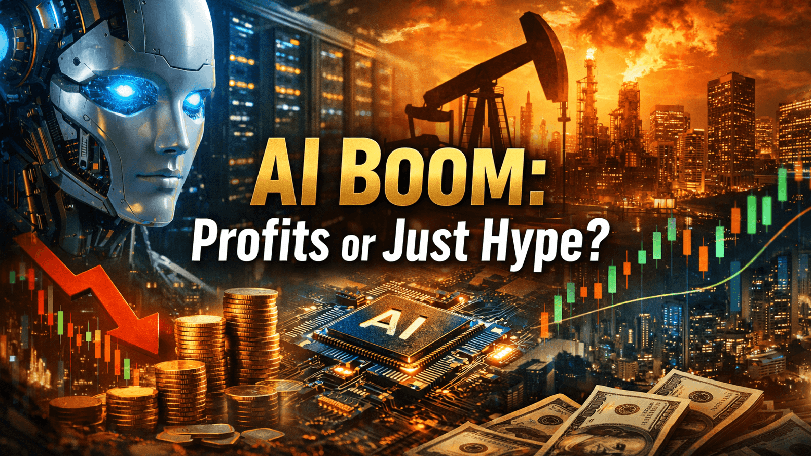 AI stocks volatility with data centers, oil rigs, and stock market charts showing impact of energy prices and AI investing trends