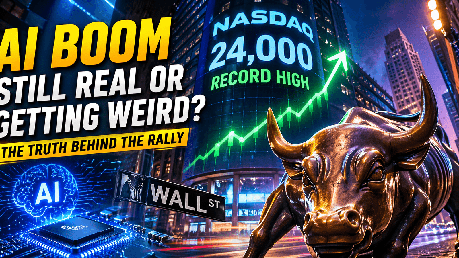 Nasdaq hitting 24000 record high with AI stock market rally, Wall Street bull and semiconductor chip illustrating artificial intelligence driven tech boom