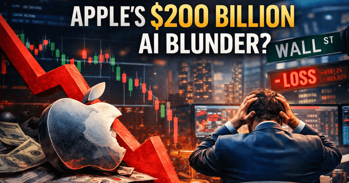 Hyper-realistic illustration showing Apple’s market value falling by $200 billion as Wall Street reacts to delayed AI features, with stock charts and investor concern