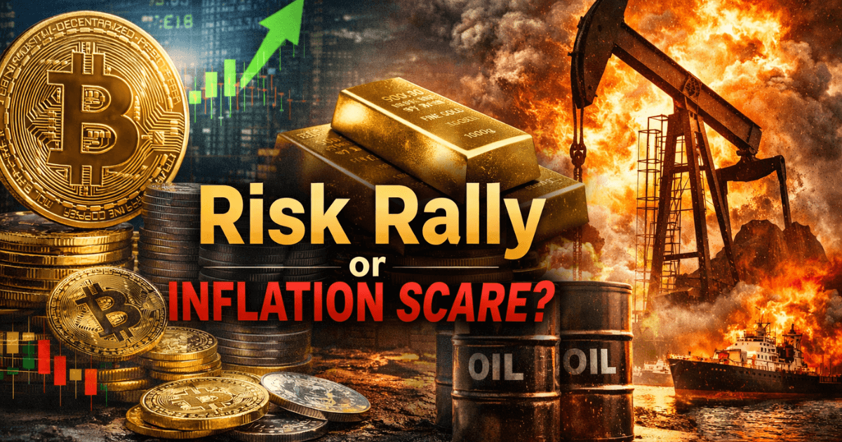Bitcoin above $67K with gold bars and oil pump explosion symbolizing inflation risk and global energy price surge in financial markets