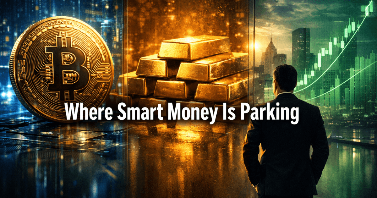 Bitcoin, gold bars, and stock market chart showing how investors are positioning capital across assets