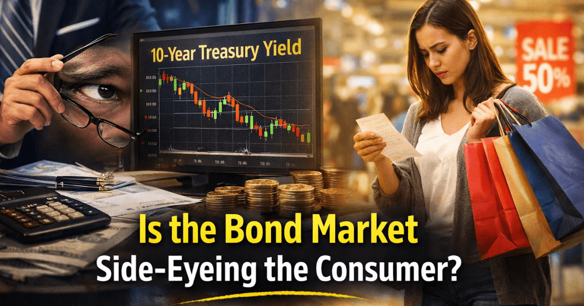 Investor analyzing bond market yield chart while a shopper reviews a receipt, highlighting U.S. consumer spending trends and bond market signals