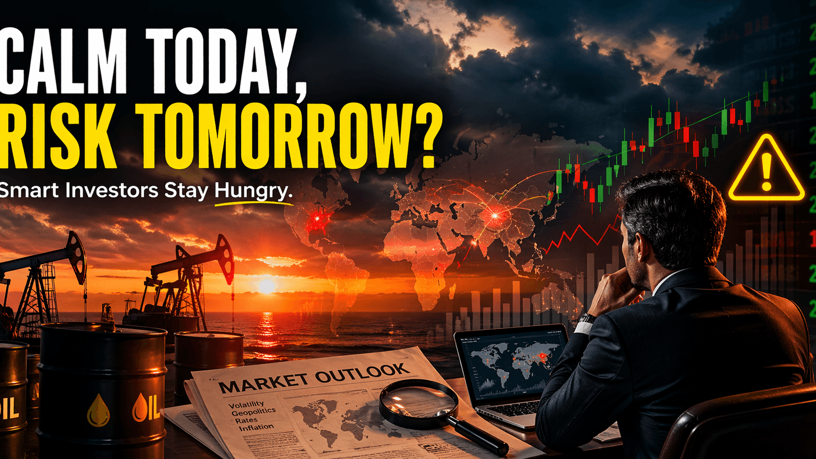 Hyper-realistic scene of a global investor analyzing stock market charts with oil rigs, rising volatility graphs, and geopolitical risk signals highlighting hidden risks in calm financial markets