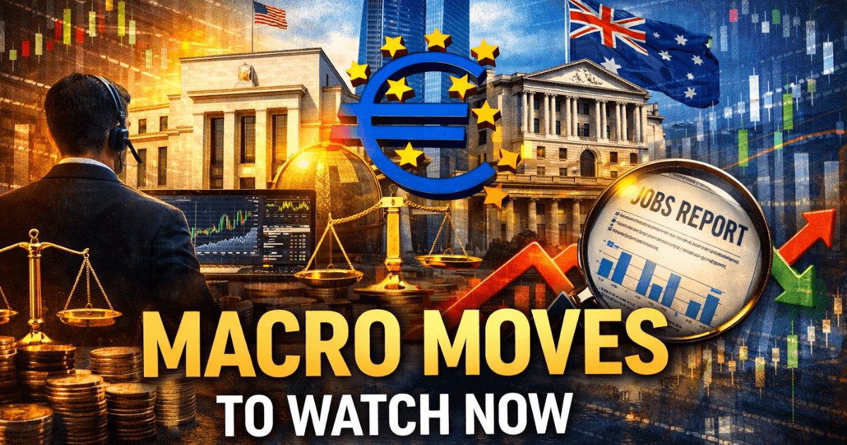Investor reviewing global market trends with central bank buildings, jobs report data, and economic indicators highlighting macroeconomic signals