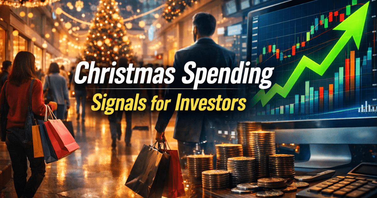 Christmas retail spending scene combined with financial charts showing how holiday shopping impacts retail stocks and market reactions