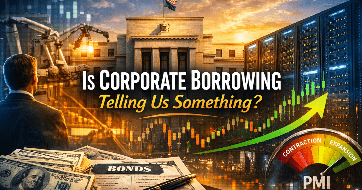 Hyper-realistic image showing U.S. corporate borrowing trends with bonds, AI data centers, the Federal Reserve, rising market charts, and PMI expansion indicators